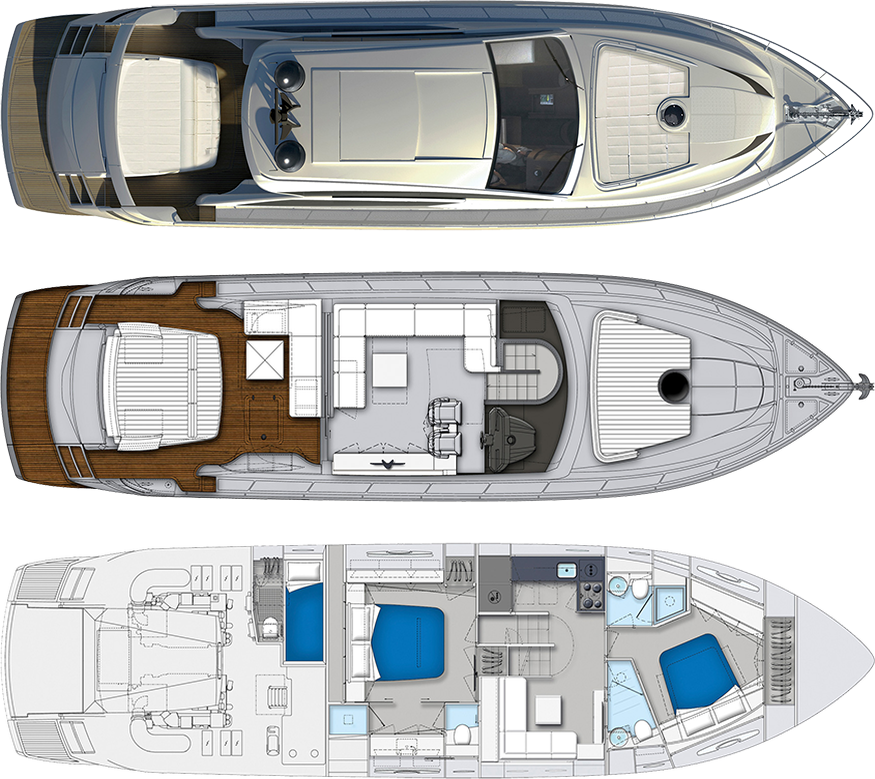 AKULA Pershing 62 deck plans — sundeck, main deck, lower deck